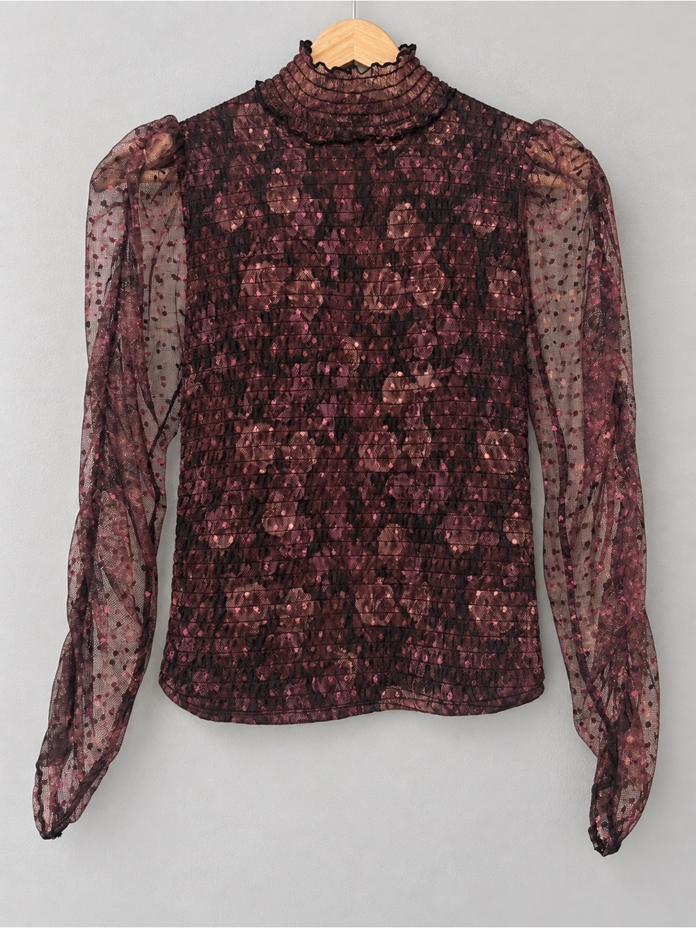 Penelope Rose M Burgundy Floral Smocked Blouse Sheer Puff Sleeve Ruffle Neck